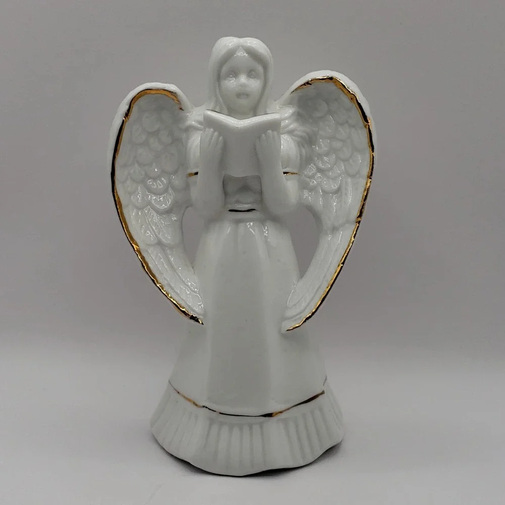 Angel Holding A Book or Hymnal Statue Figurine White Porcelain with Gold Trim